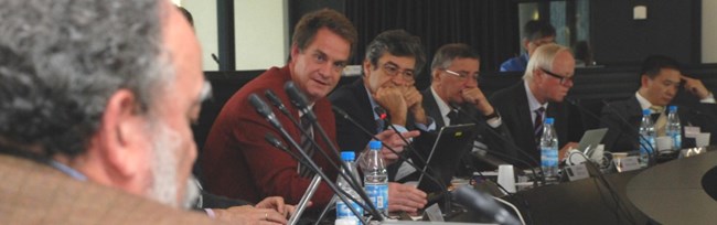 Debating the tungsten issue (from left): Head of the Plasma Operations Directorate, David Campbell; STAC Secretary Alberto Loarte; Head of the Internal Components Division, Mario Merola; Head of the Divertor and Plasma-Wall Interactions Section, Richard Pitts; and STAC Chairman Joaquín Sánchez.