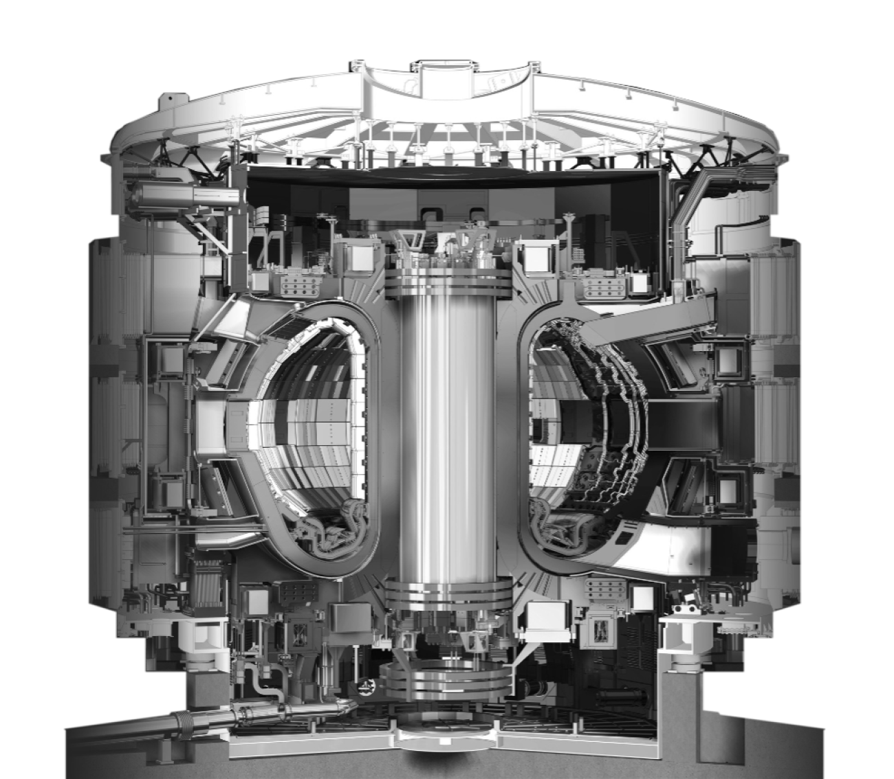 In English: Black and white illustration of the inside of the ITER tokamak. The ITER reactor is one of the most ambitious energy projects in the world today. En Français: Illustration en noir et blanc de la machine ITER. Le réacteur ITER est l'un des projets du monde de l'énergie le plus ambitieux au monde.