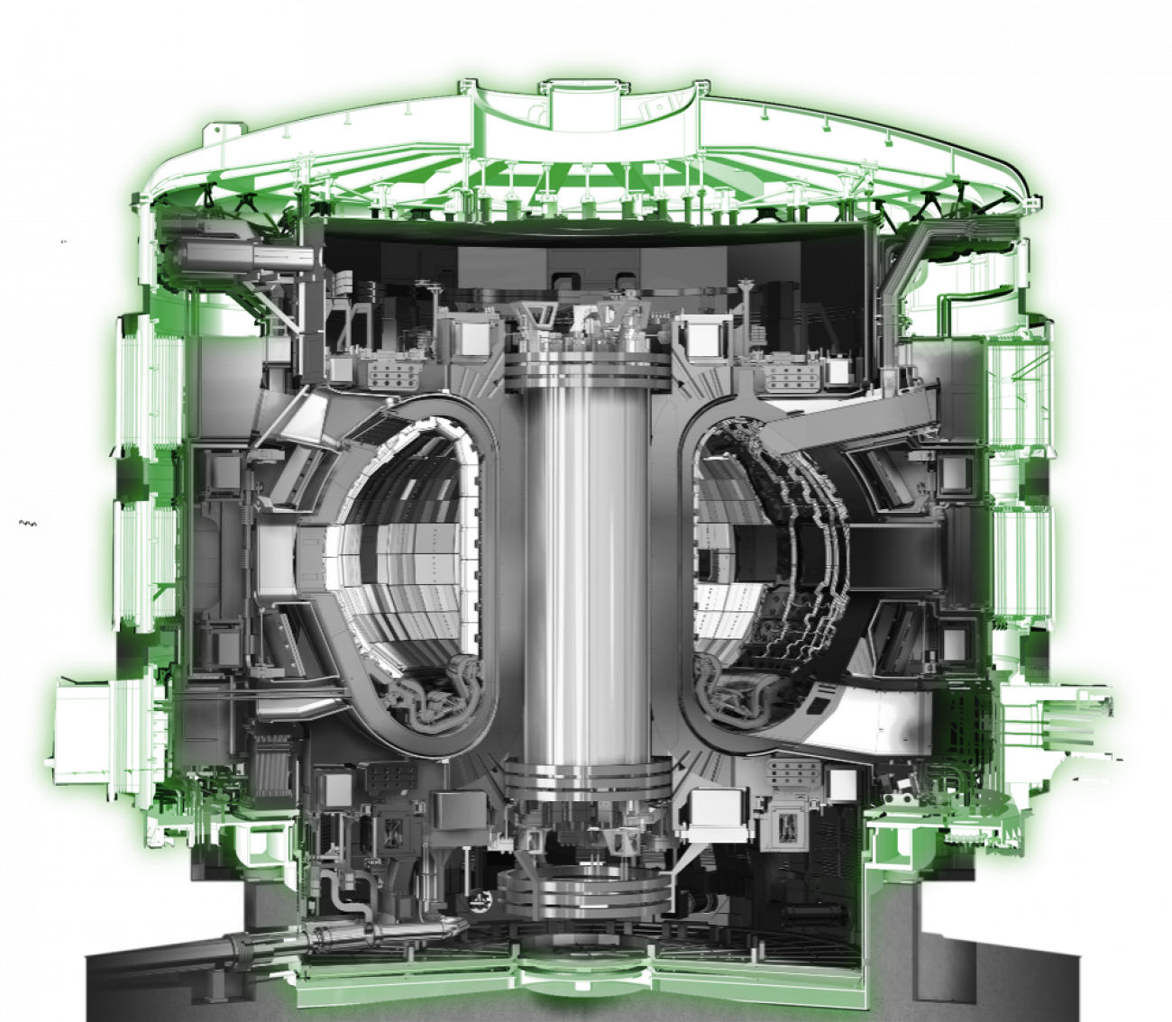 Cross-sectional illustration of the core of the ITER tokamak, with the ITER cryostat highlighted in green.
