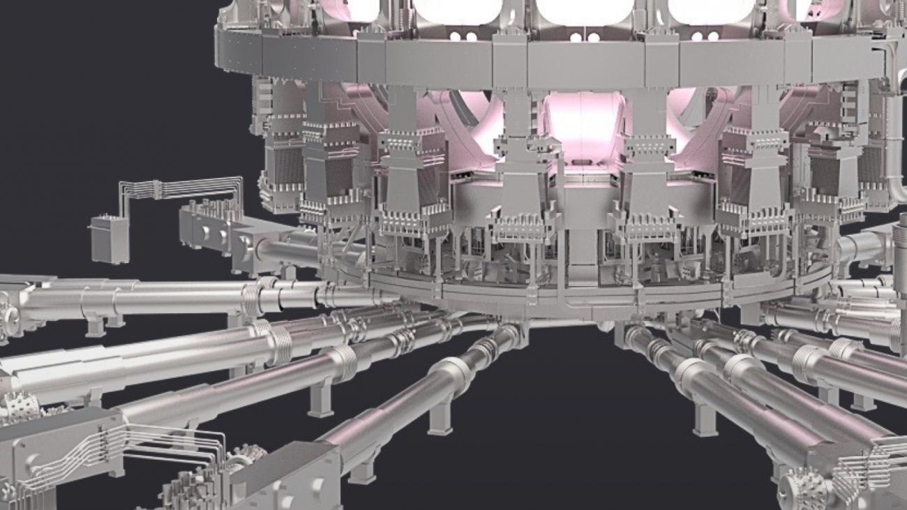 Illustration en coupe transversale de la machine ITER, mettant en évidence le système magnétique et aimants supraconducteurs en bleu clair.