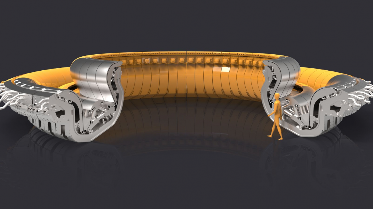 In English: Cross-sectional illustration of the core of the ITER tokamak, with the ITER fusion divertor highlighted in dark blue. En Français: Illustration en coupe transversale de la machine ITER, mettant en évidence le divertor en bas de la machine en bleu foncé.