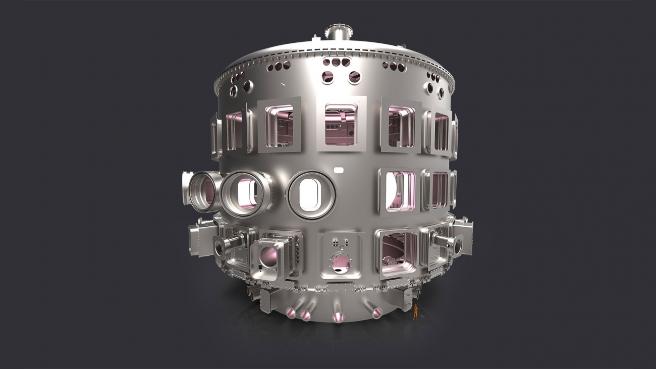 Illustration en coupe transversale de la machine ITER, mettant en évidence le cryostat en vert.