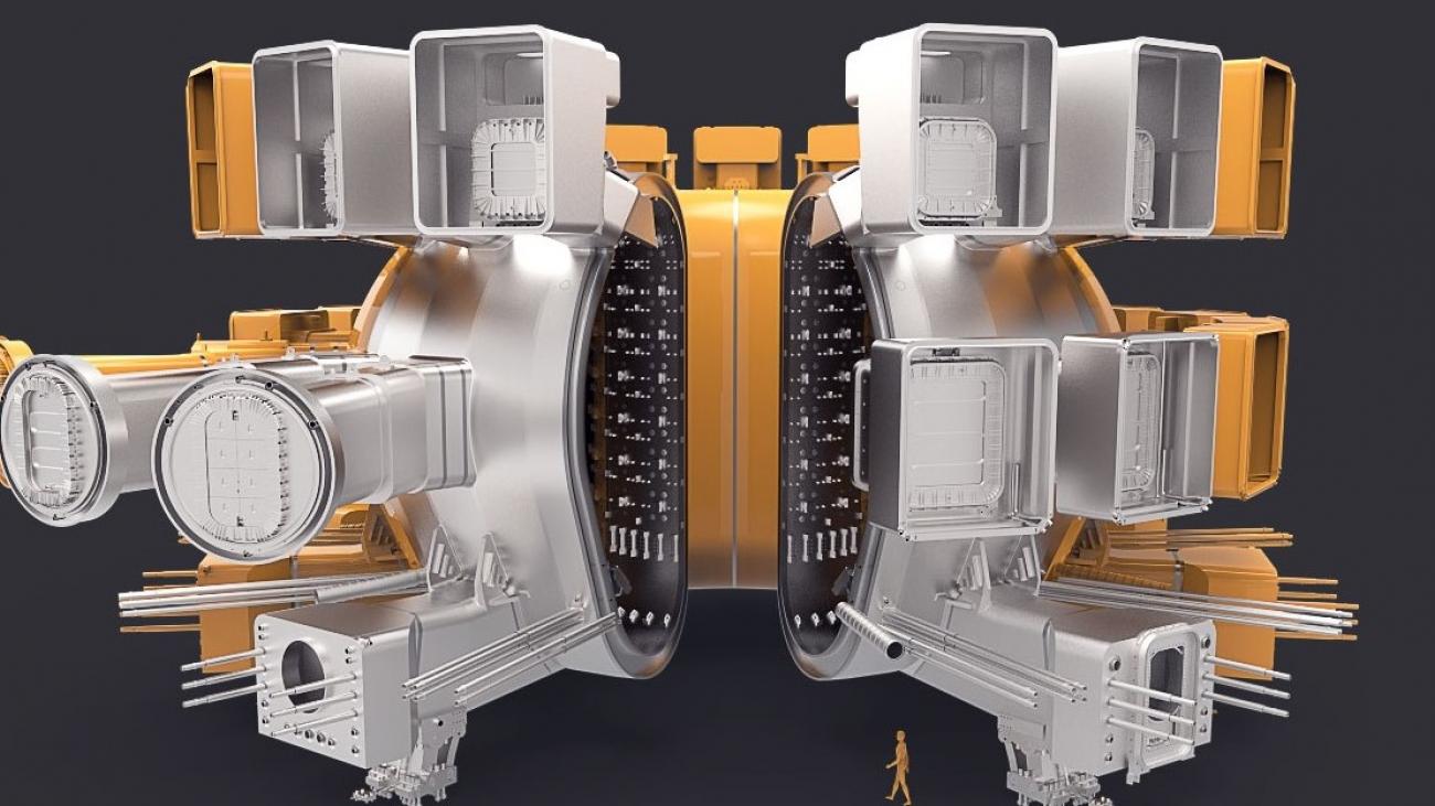Illustration en coupe transversale de la machine ITER, mettant en évidence la chambre à vide en jaune.