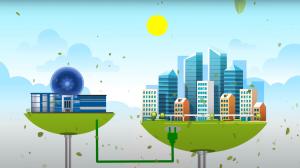 Illustration artistique d'une central de fusion nucléaire alimentant une ville.
