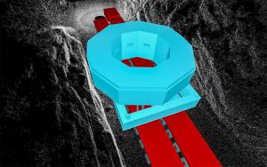 Une illustration, codée en couleur turquoise et rouge, de la topographie précise d'un passage difficile le long de l'itinéraire ITER, montrant une bobine supraconductrice dans son coffrage de transport qui passe à peine entre deux petites falaises.